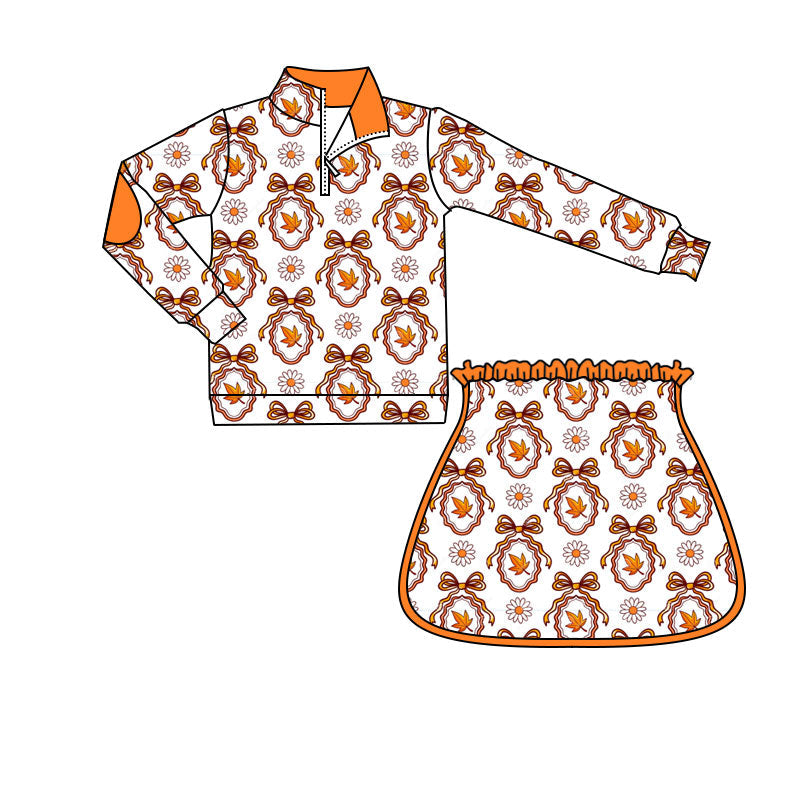 ( Moq 5 ) Preorder Baby Girls Kids Flower Bows Leaves Zipper Shirt Skirt Shorts Set Fall Clothes