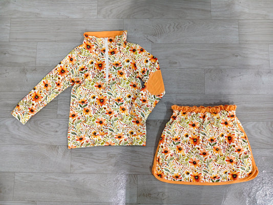 ( No moq ) Baby Girls Kids Long Sleeve Flower Zipper Shirt Skirt Shorts Set Fall Clothes