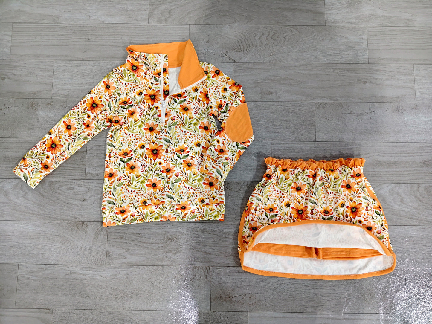 ( No moq ) Baby Girls Kids Long Sleeve Flower Zipper Shirt Skirt Shorts Set Fall Clothes