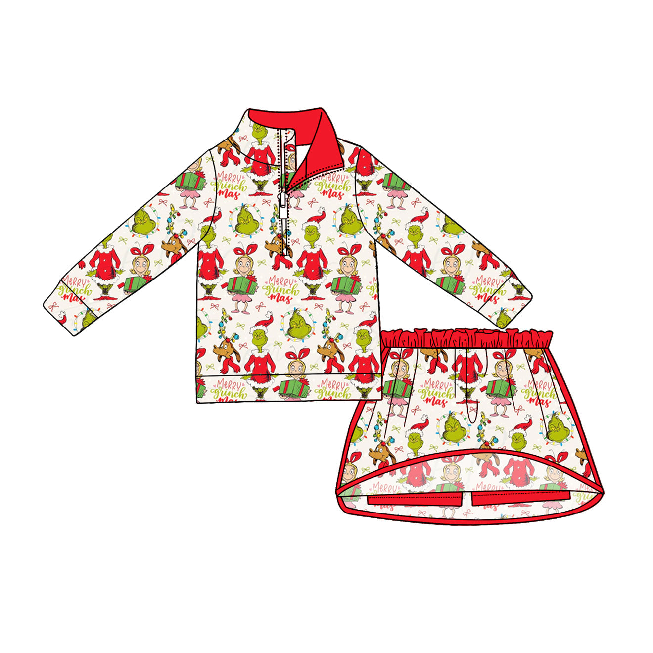 ( Moq 5 ) Preorder Baby Girls Kids Long Sleeves Green Face Zipper Shirt Skirt Shorts Christmas Set Clothes