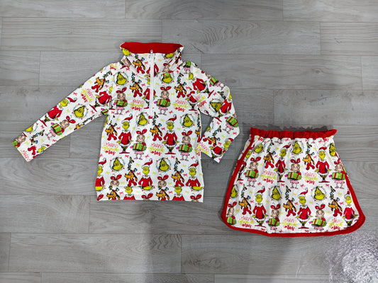( No moq ) Preorder Baby Girls Kids Long Sleeves Green Face Zipper Shirt Skirt Shorts Christmas Set Clothes