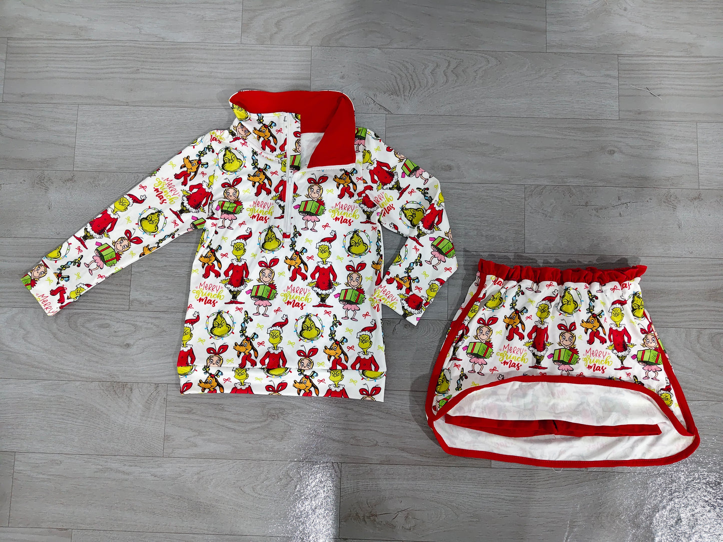 ( No moq ) Preorder Baby Girls Kids Long Sleeves Green Face Zipper Shirt Skirt Shorts Christmas Set Clothes