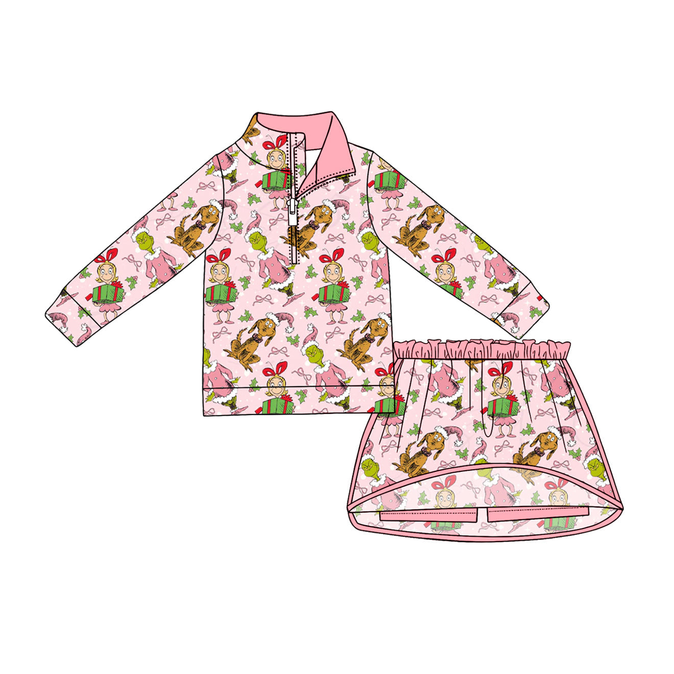 ( Moq 5 ) Preorder Baby Girls Kids Christmas Face Zipper Pullover Skirt Shorts Pink Set Clothes