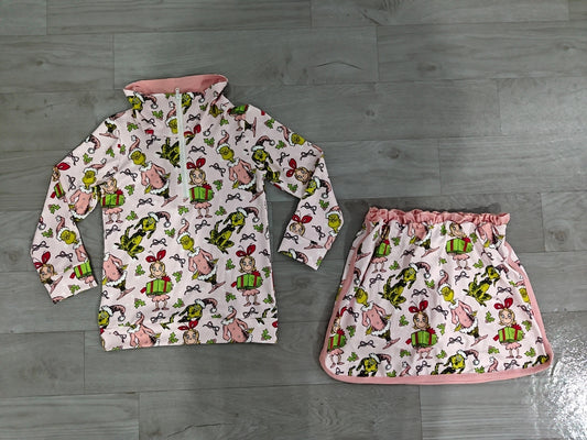 ( No moq ) Preorder Baby Girls Kids Christmas Face Zipper Pullover Skirt Shorts Pink Set Clothes