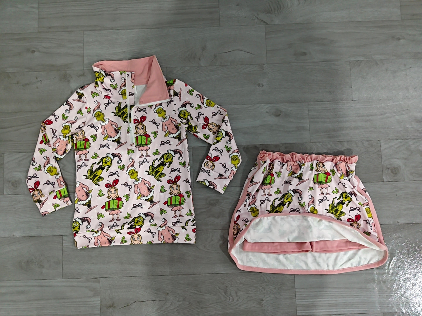 ( No moq ) Preorder Baby Girls Kids Christmas Face Zipper Pullover Skirt Shorts Pink Set Clothes
