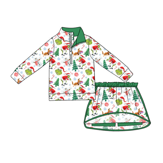 ( Moq 5 ) Preorder Baby Girls Kids Christmas Green Face Zipper Pullover Skirt Shorts Set Clothes