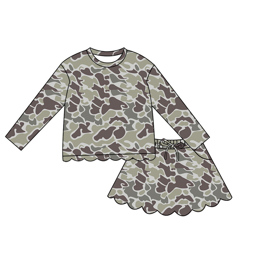 ( Moq 5 ) Preorder Baby Girls Kids Long Sleeves Shirt Scallop Pockets Skirt Shorts Camo Set Clothes