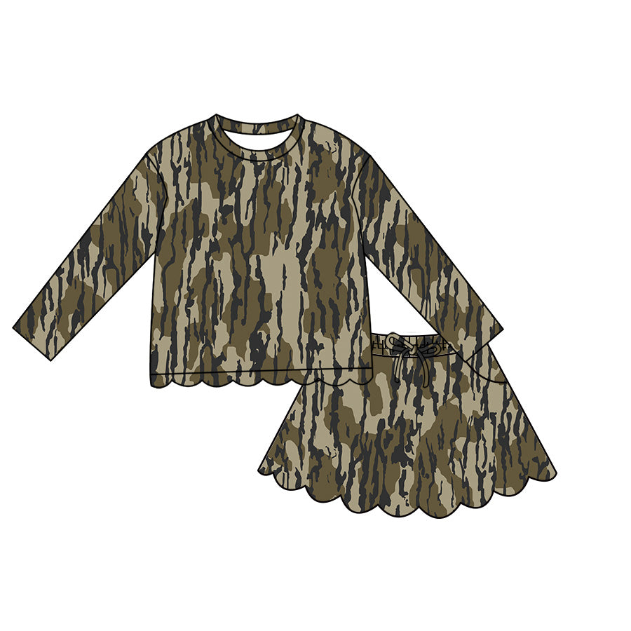 ( Moq 5 ) Preorder Baby Girls Kids Long Sleeves Shirt Scallop Pockets Skirt Shorts Olive Camo Set Clothes