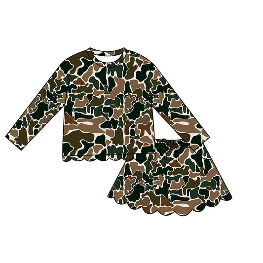 ( Moq 5 ) Preorder Baby Girls Kids Long Sleeves Shirt Scallop Pockets Skirt Shorts Brown Camo Set Clothes