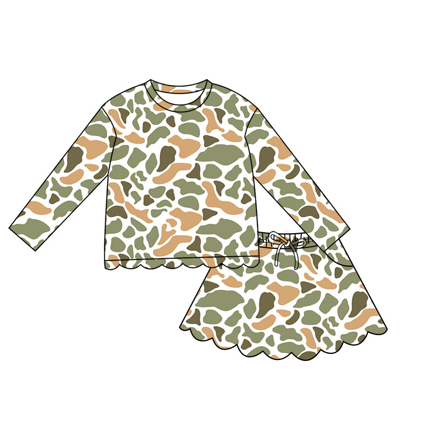( Moq 5 ) Preorder Baby Girls Kids Long Sleeves Shirt Camo Scallop Pockets Skirt Shorts Set Clothes