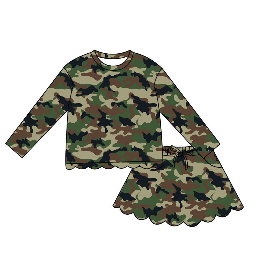 ( Moq 5 ) Preorder Baby Girls Kids Long Sleeves Shirt Green Camo Scallop Pockets Skirt Shorts Set Clothes