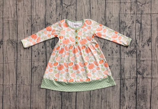 ( No moq ) Preorder Baby Girls Kids Pumpkins Green Ruffle Knee Length Dress Fall Clothes