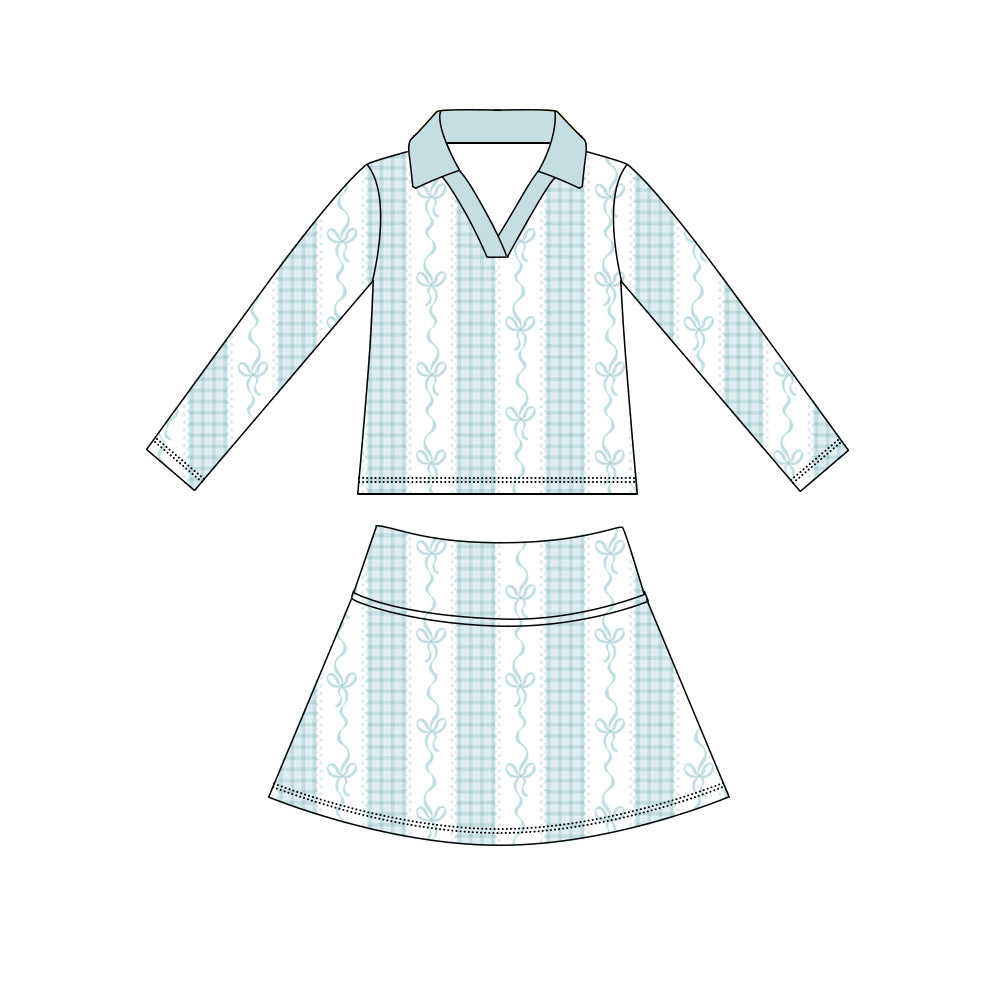 ( Moq 5 ) Preorder Baby Girls Kids Long Sleeves Green Bows Plaid Shirt Skirt Shorts Yoga Active Set Clothes