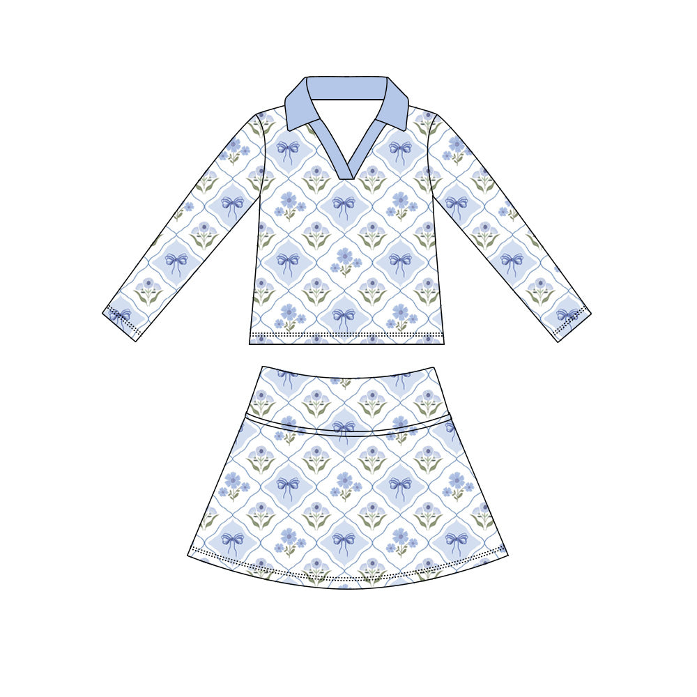 ( Moq 5 ) Preorder Baby Girls Kids Long Sleeves Blue Bows Flower Shirt Skirt Shorts Yoga Active Set Clothes