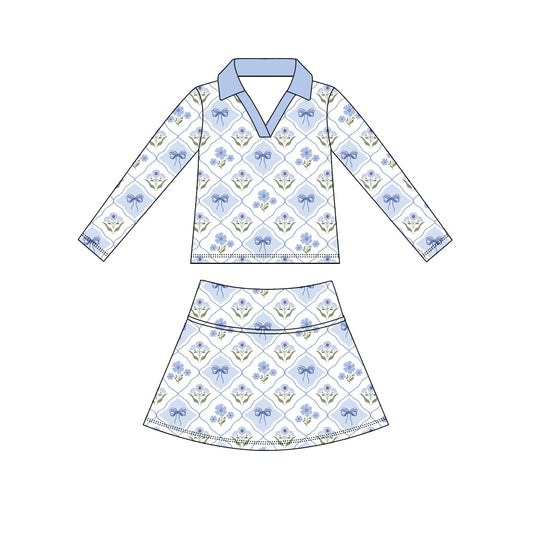 ( Moq 5 ) Preorder Baby Girls Kids Long Sleeves Blue Bows Flower Shirt Skirt Shorts Yoga Active Set Clothes