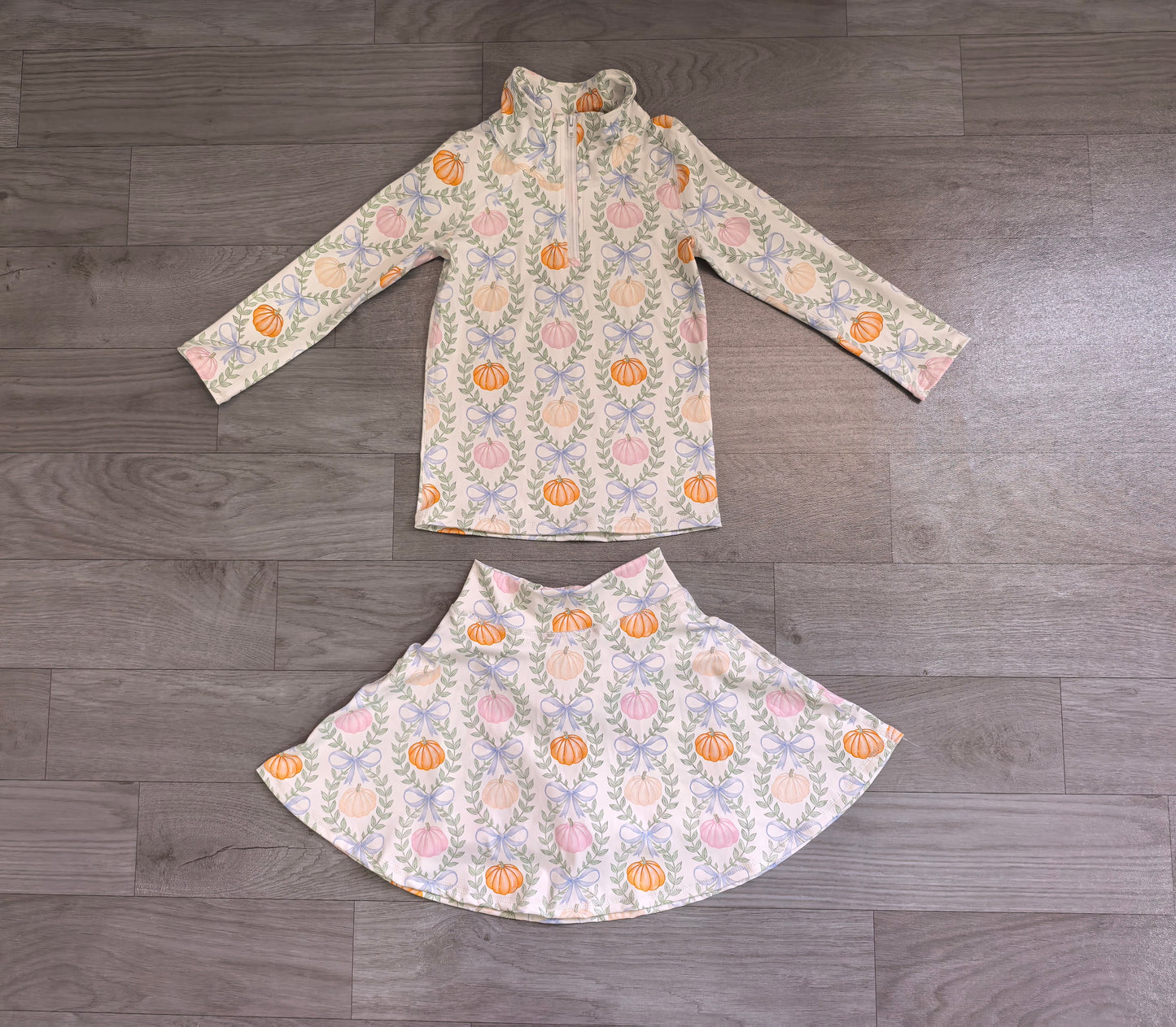 ( No moq ) Preorder Baby Girls Kids Pumpkins Bows Zipper Shirt Skirt Shorts Yoga Active Set Fall Clothes