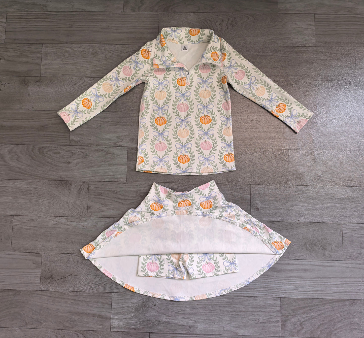 ( No moq ) Preorder Baby Girls Kids Pumpkins Bows Zipper Shirt Skirt Shorts Yoga Active Set Fall Clothes