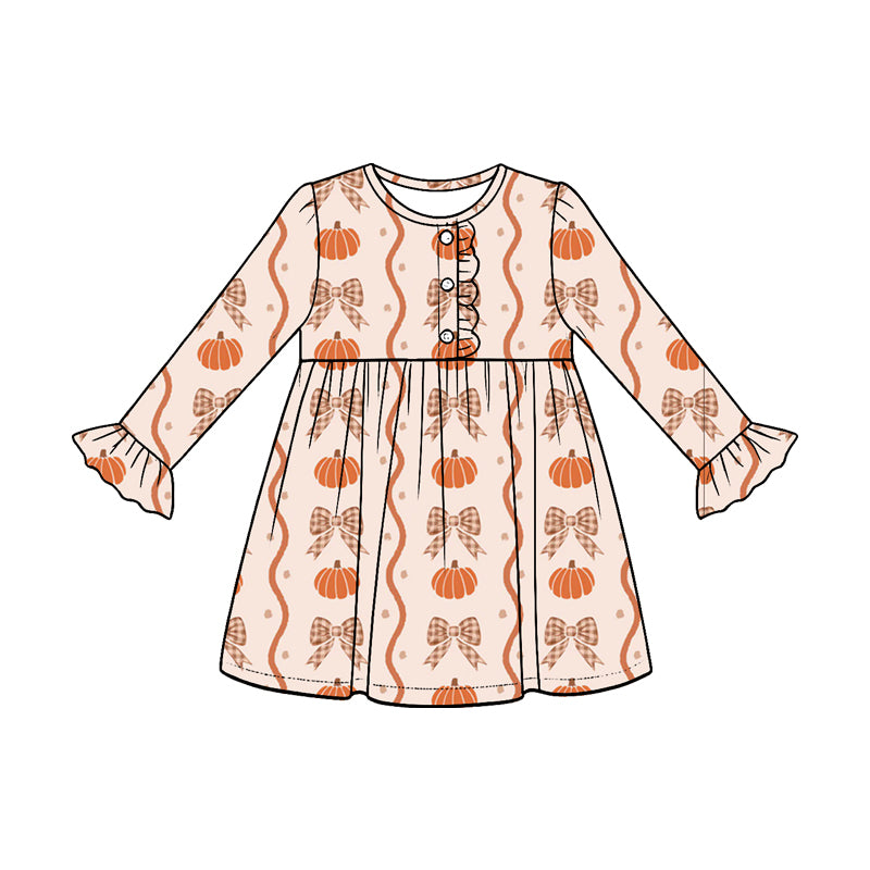 ( Moq 5 ) Preorder Baby Girls Kids Pumpkins Bows Knee Length Dress Fall Clothes