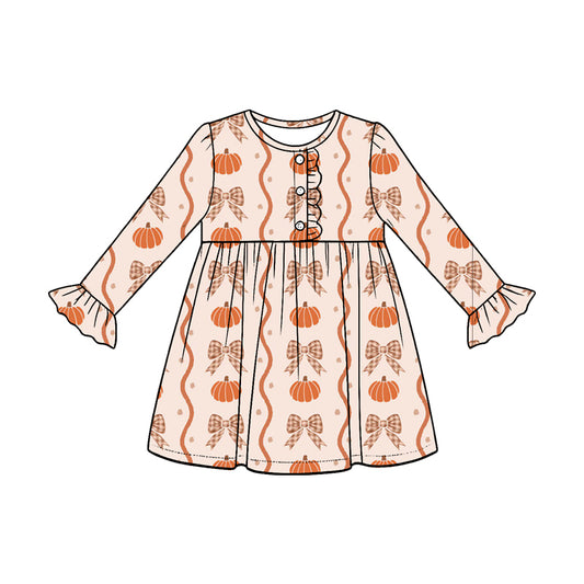 ( Moq 5 ) Preorder Baby Girls Kids Pumpkins Bows Knee Length Dress Fall Clothes