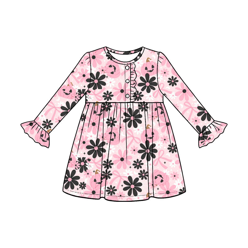 ( Moq 5 ) Preorder Baby Girls Kids Pumpkins Bows Flower Knee Length Dress Fall Clothes