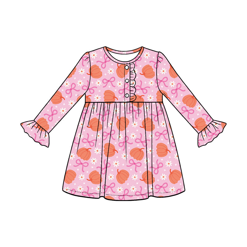 ( Moq 5 ) Preorder Baby Girls Kids Pumpkins Bows Flower Knee Length Pink Dress Fall Clothes