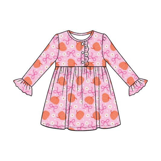 ( Moq 5 ) Preorder Baby Girls Kids Pumpkins Bows Flower Knee Length Pink Dress Fall Clothes