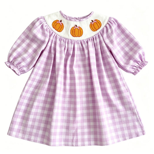 ( Moq 5 ) Preorder Baby Girls Kids Pumpkins Bows Plaid Knee Length Dress Fall Clothes