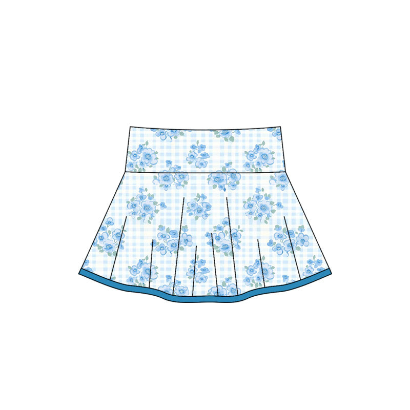 ( Moq 5 ) Preorder Baby Girl Blue Flower Plaid Summer Yoga Active Skort Bottoms