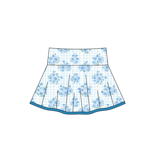 ( Moq 5 ) Preorder Baby Girl Blue Flower Plaid Summer Yoga Active Skort Bottoms