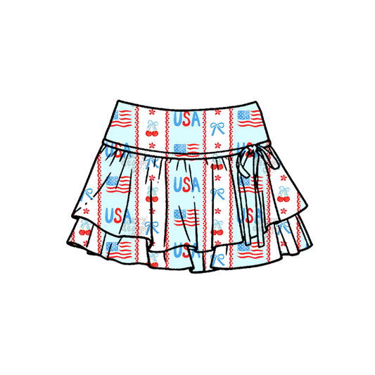 ( Moq 5 ) Preorder Baby Girls Kids USA Bows Flags Flower 4th of July Yoga Shorts Ruffle Skirt