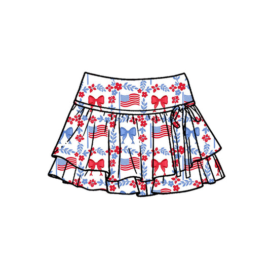 ( Moq 5 ) Preorder Baby Girls Kids Bows Flags Flower 4th of July Yoga Shorts Ruffle Skirt