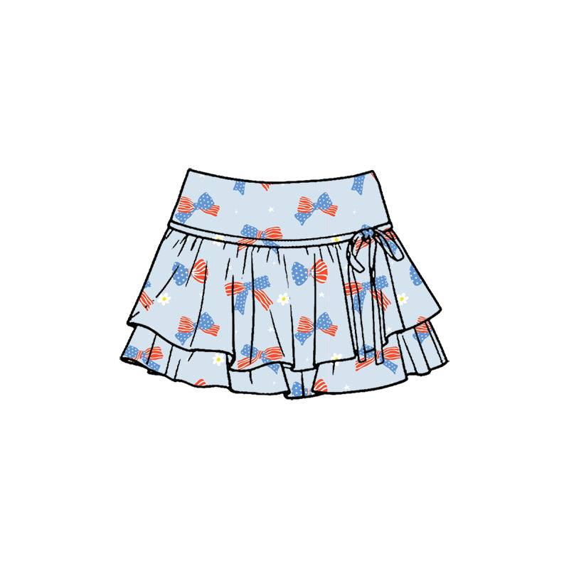 ( Moq 5 ) Preorder Baby Girls Kids Bows Flower 4th of July Blue Yoga Shorts Ruffle Skirt