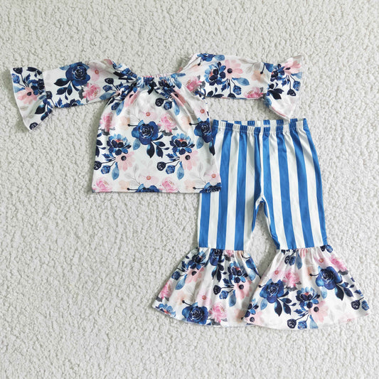 Promotion Baby Girl Long Sleeve Flower Stripe Pants Outfit RTS