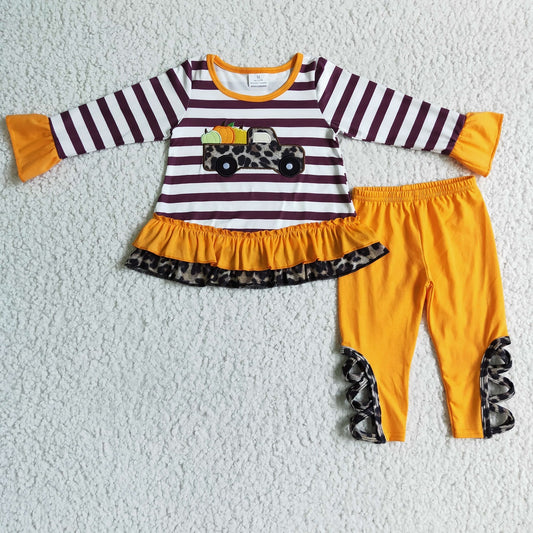 Promotion Baby Girl Embroidery Pumpkin Stripes Tops Orange Pants Outfit