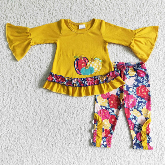 Promotion Baby Girl Embroidery Pumpkin Orange Tops Flower Pants Outfit