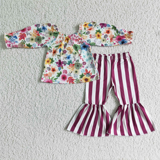 Promotion GLP0013 Baby Girl Long Sleeve Flower Stripes Pants Outfit