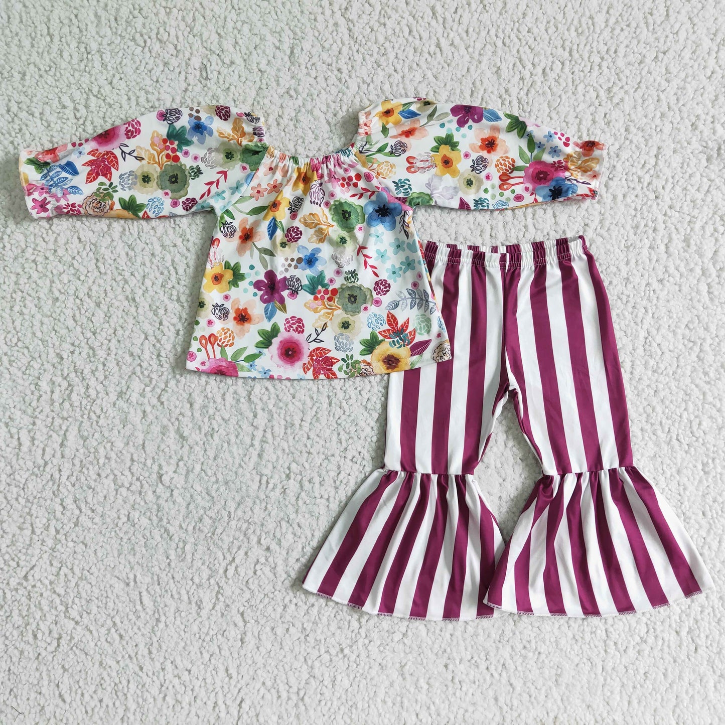 Promotion Baby Girl Long Sleeve Flower Stripes Pants Outfit RTS