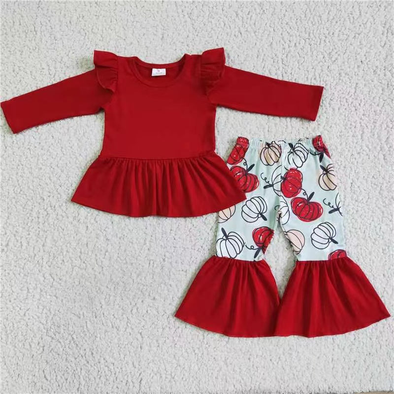 Sibling Baby Girls Long Sleeves Flowers Pumpkins Tunic Pants Fall Clothes Sets RTS