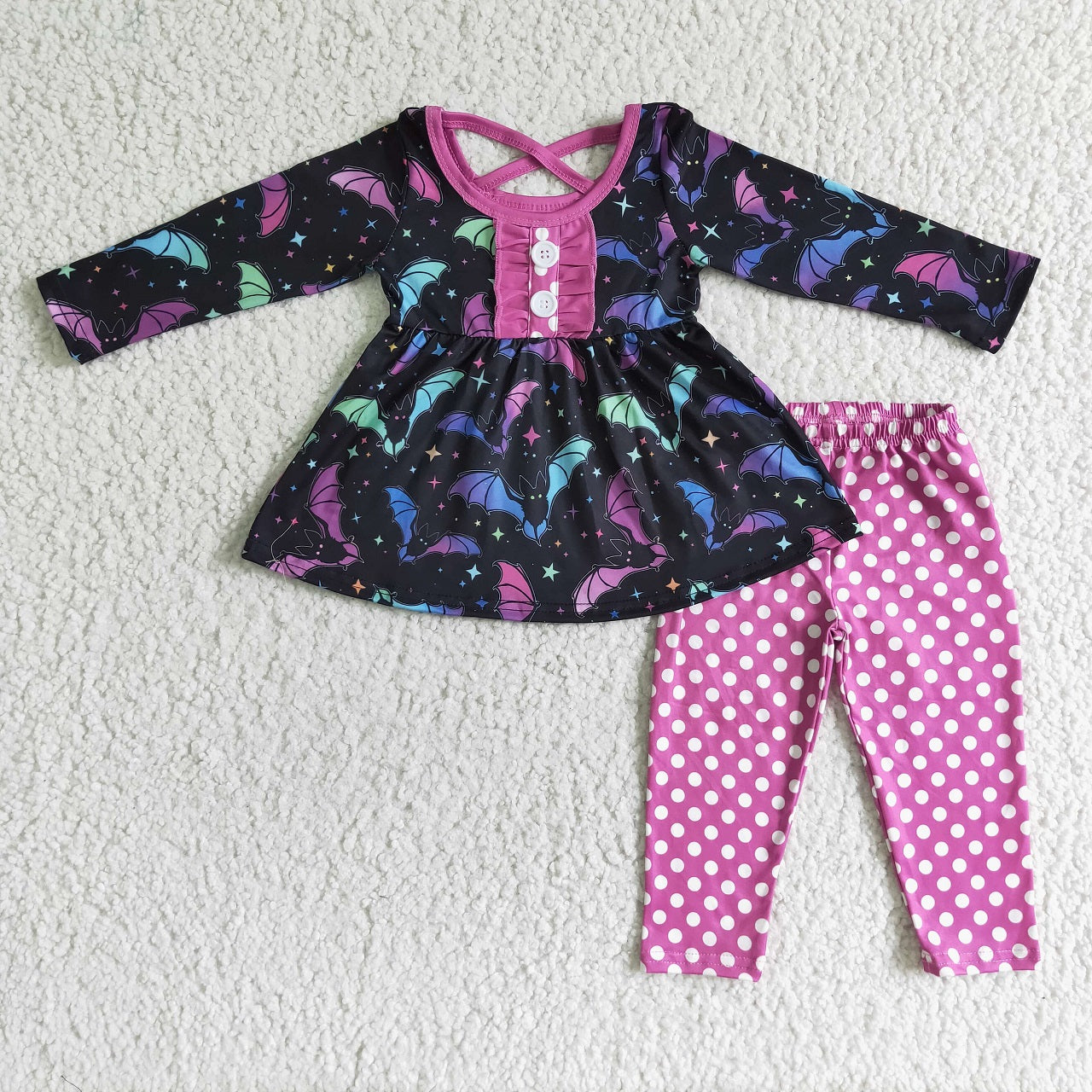 Promotion Baby Girl Halloween Bat Tunic Dots Purple Pants Clothes Set