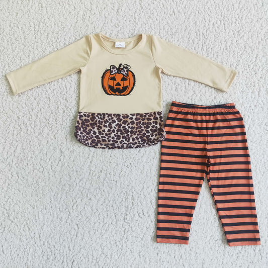 Promotion Baby Girl Long Sleeves Halloween Embroidery Pumpkin Leopard Tops Stripes Pants Outfit