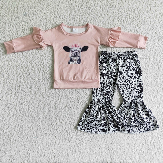 Promotion Baby Girl Long Sleeves Pink Shirt Western Cow Print Pants Outfit