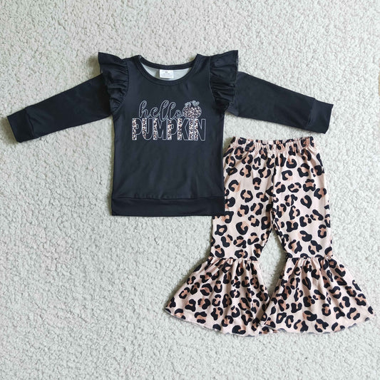 Promotion GLP0056 Baby Girl Pumpkin Tops Leopard Bell Pants Sets