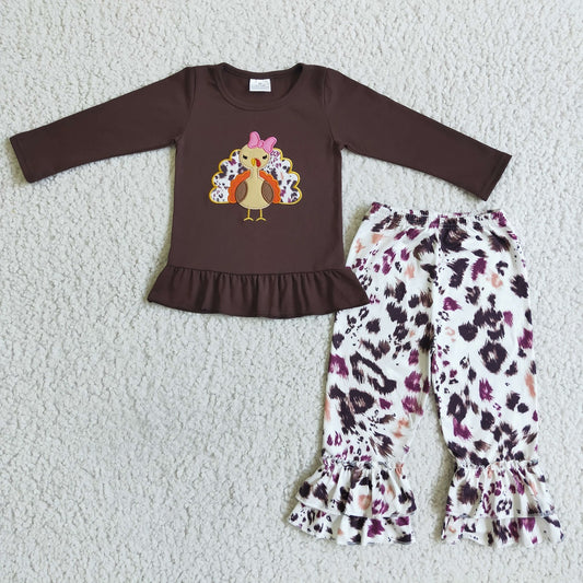 Promotion Baby Girl Long Sleeves Embroidery turkey Brown Shirt Leopard Pants Outfit