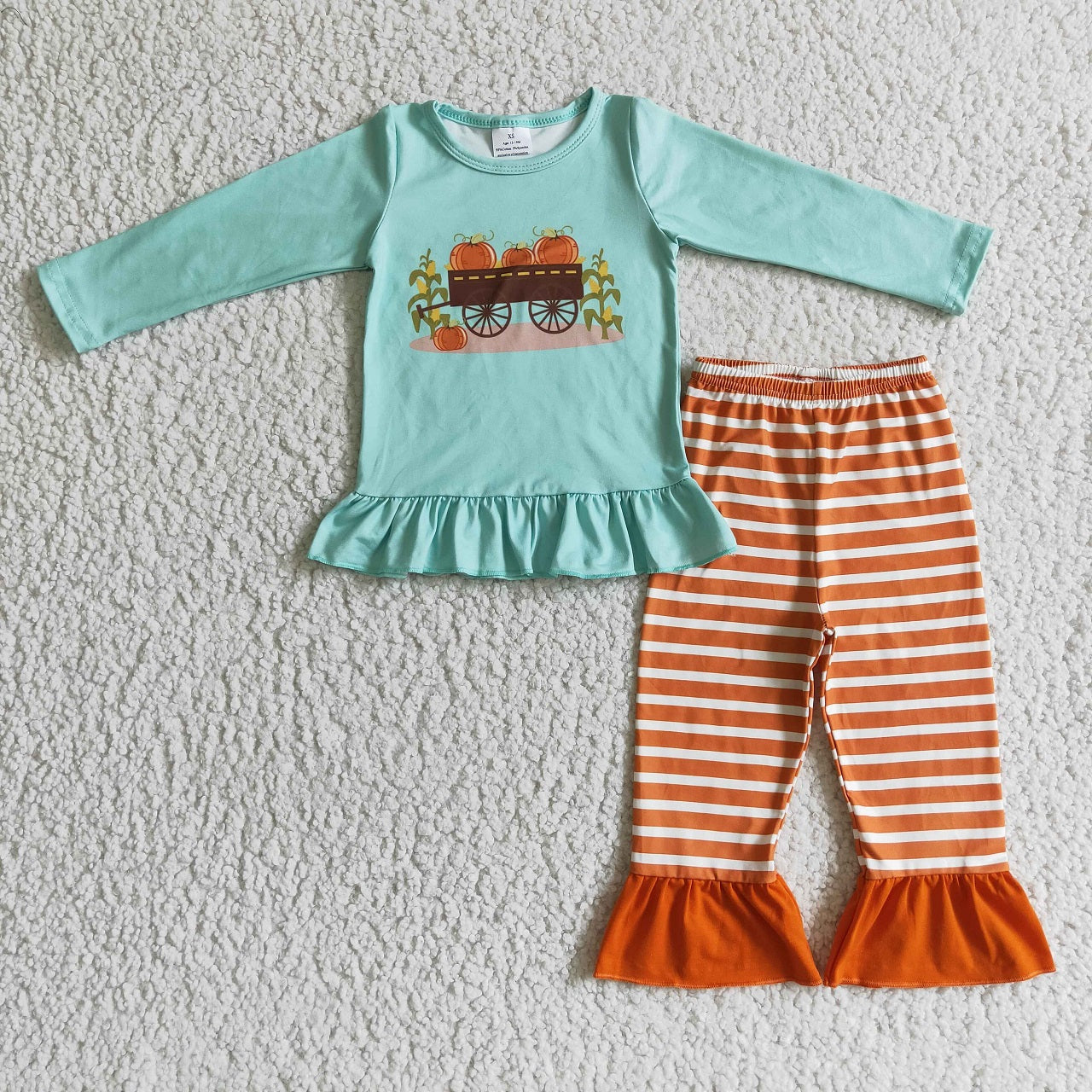 Promotion Baby Girl Toddler Long Sleeves Pumpkin Print Shirt Stripes Pants Fall Set