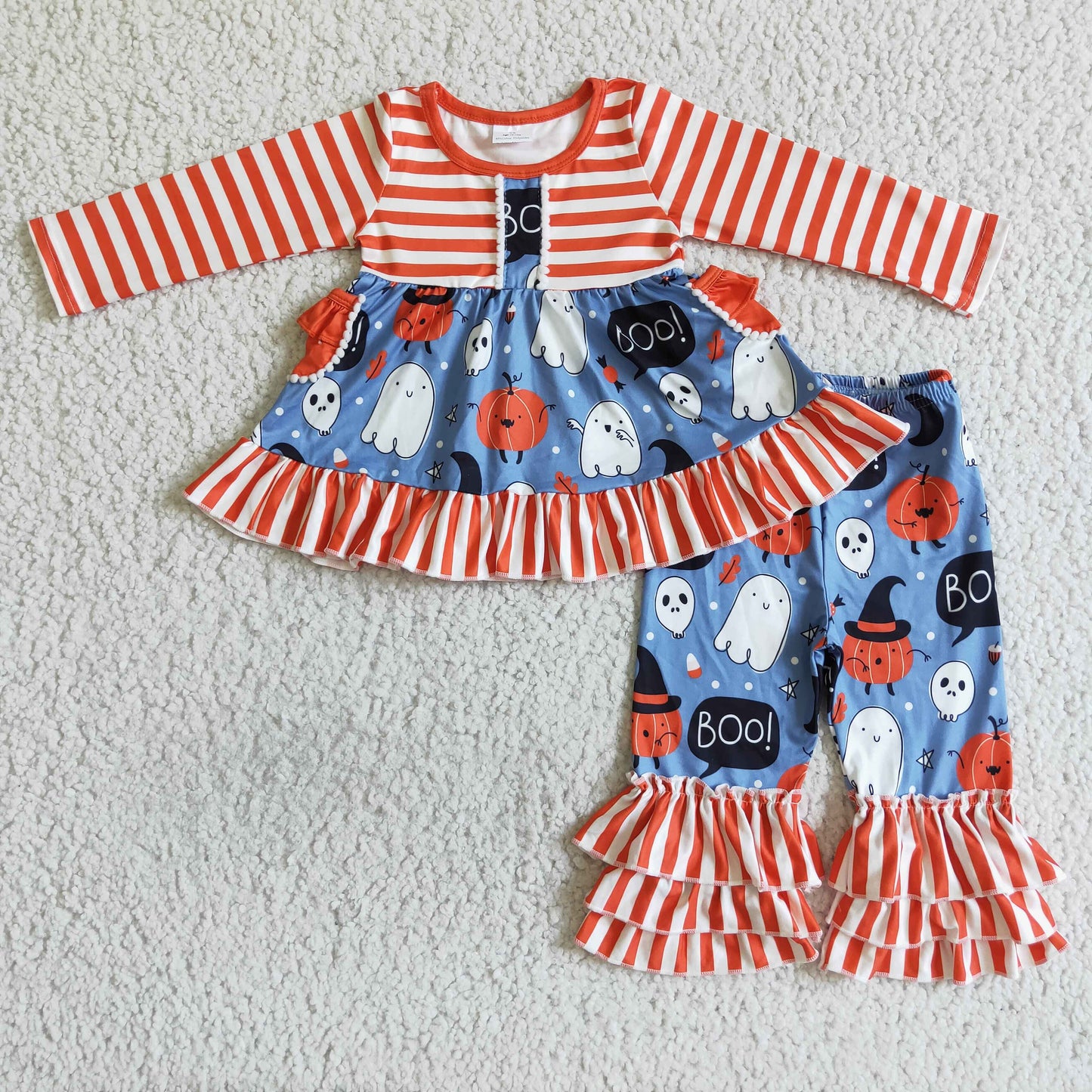 Promotion Baby Girl Long Sleeves Ghosts Tunic Ruffle Pants Halloween Fall Set RTS