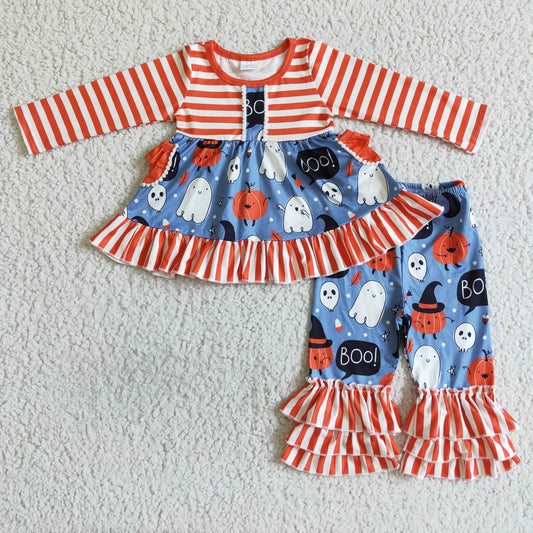 Promotion Baby Girl Long Sleeves Ghosts Tunic Ruffle Pants Halloween Fall Set RTS
