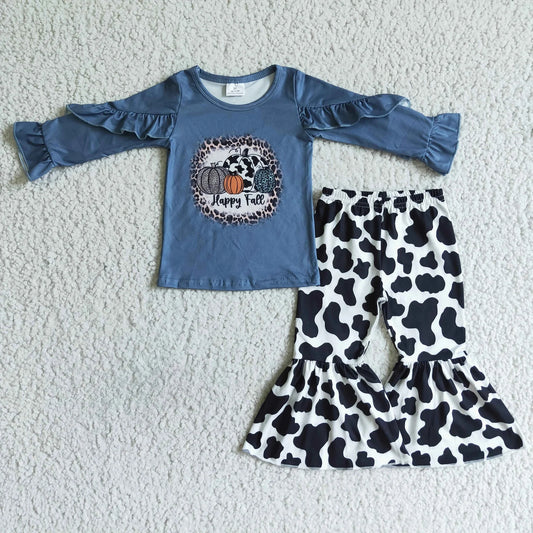 Promotion Baby Girl Pumpkins Ruffle Shirt Western Pants Fall Outfit RTS