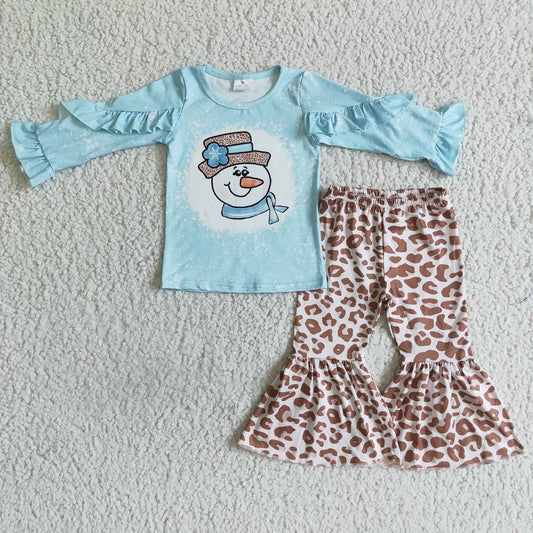 Promotion Baby Girl Blue Long Sleeves Snowman Tops Leopard Pants Christmas Outfit