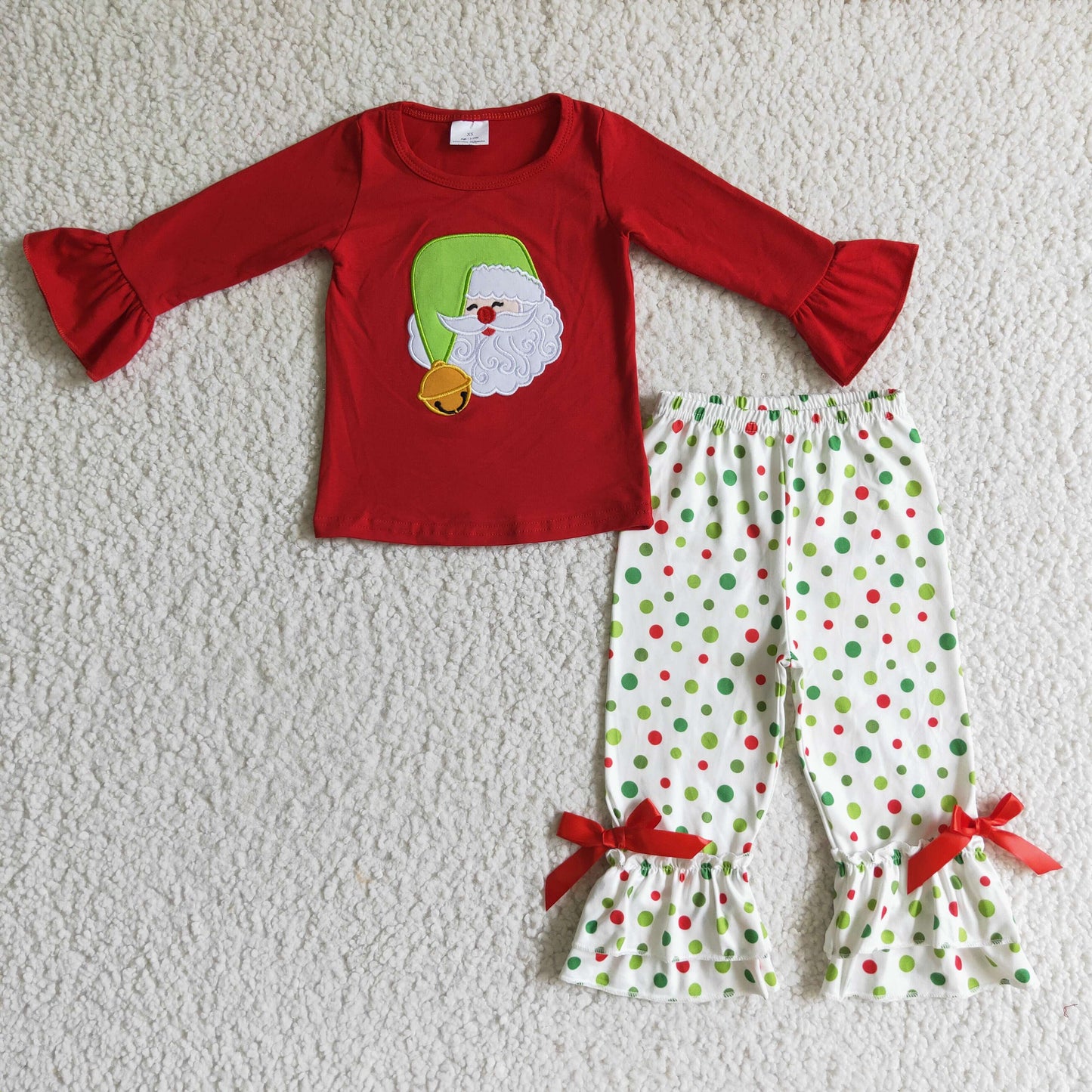 Promotion Baby Girls Kids Christmas Embroidery Santa Dots Pants Pajamas RTS