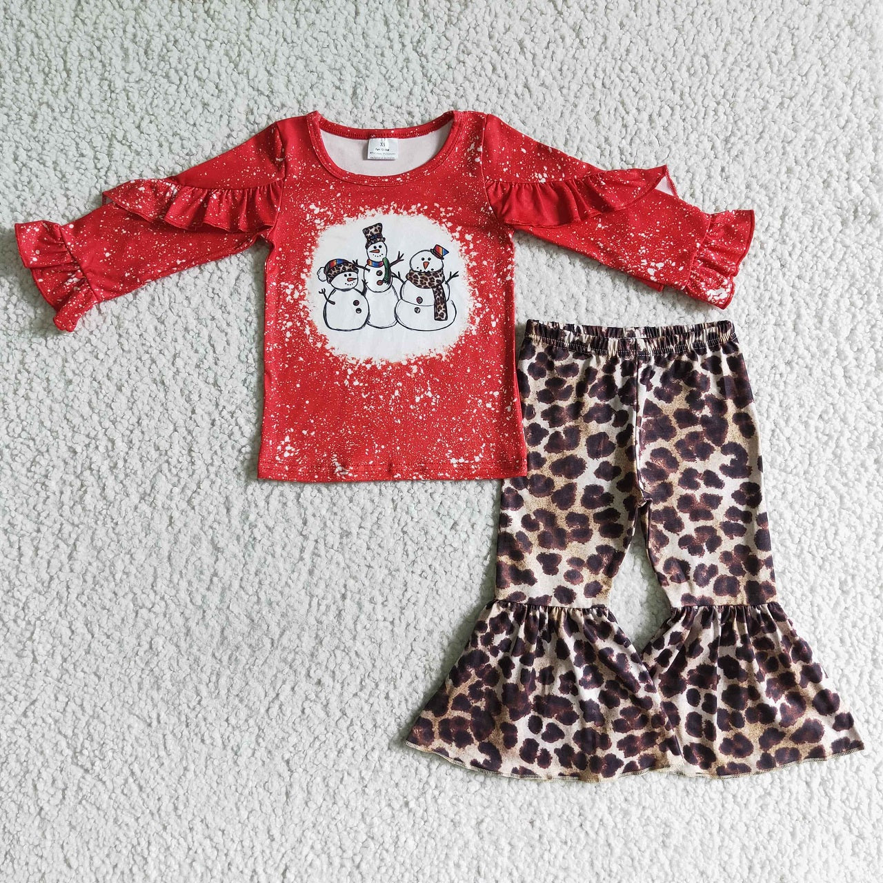 Promotion Baby Girl Toddler Red Long Sleeves Snowman Shirt Leopard Pants Christmas Set